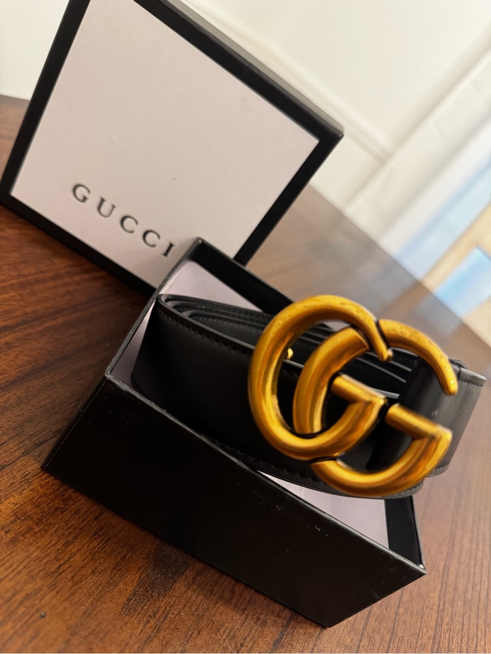Gucci Marmont Black Leather Belt with Gold Double G Buckle | 414516 | + Box